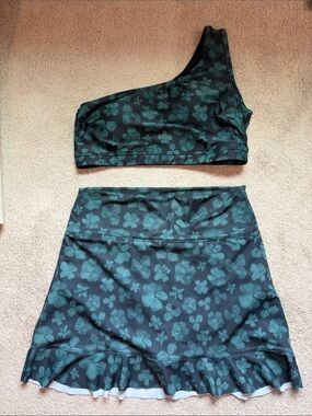Albion Fit Asymmetric Floral Green Bikini Top and Skirt Set